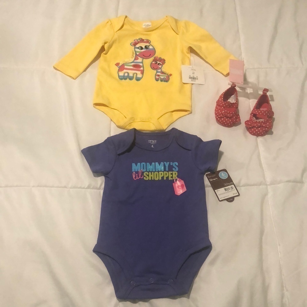 NWT set of 2 baby onesies and size one baby shoes